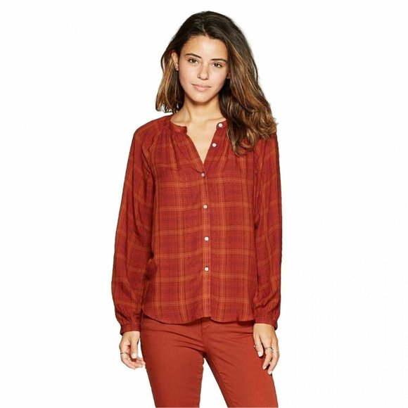 Universal Thread Top Medium Burnt Orange Plaid Button-Front Peasant Blouse Women - Picture 1 of 15